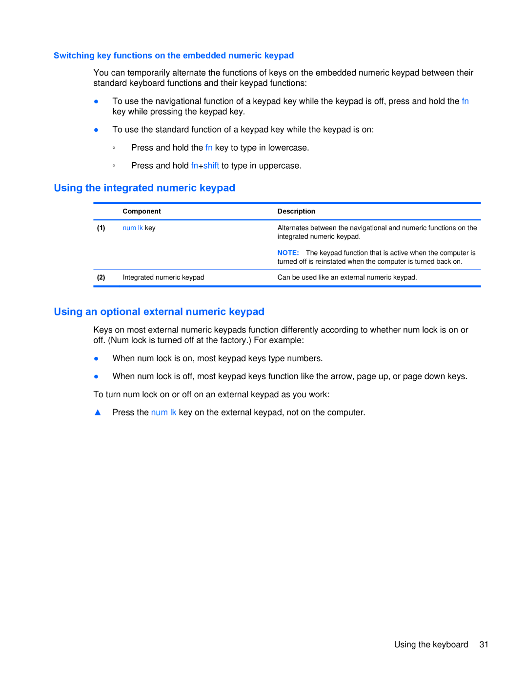 HP 4440s manual Using the integrated numeric keypad, Using an optional external numeric keypad 