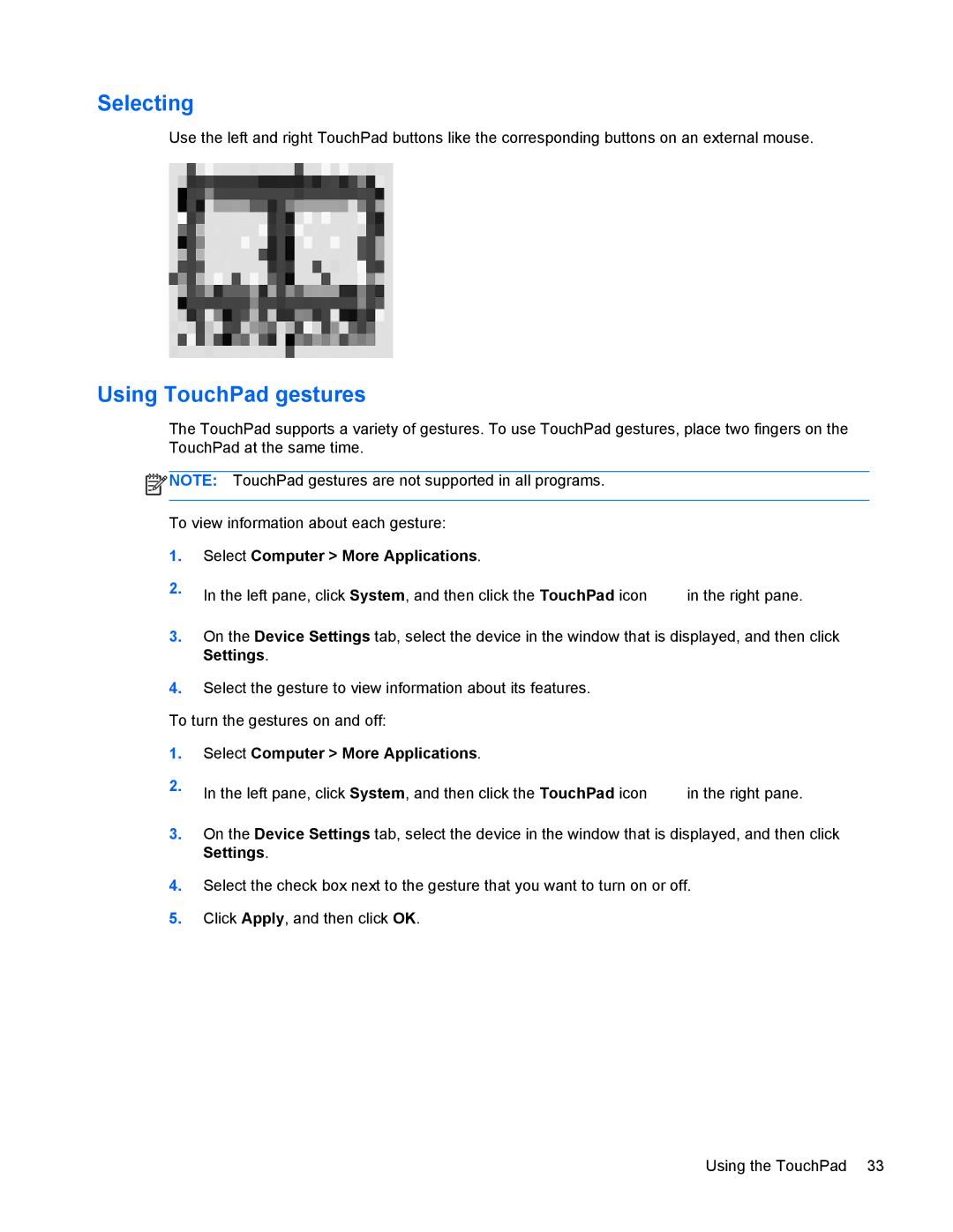 HP 4440s manual Selecting, Using TouchPad gestures 