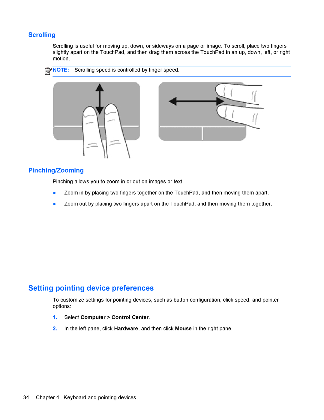 HP 4440s manual Setting pointing device preferences, Scrolling, Pinching/Zooming 