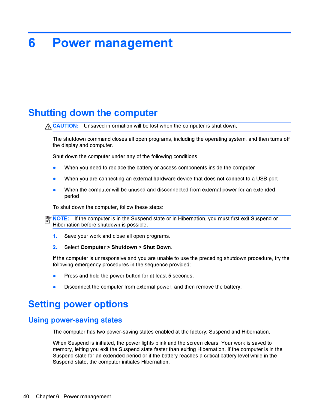 HP 4440s manual Power management, Shutting down the computer, Setting power options, Using power-saving states 