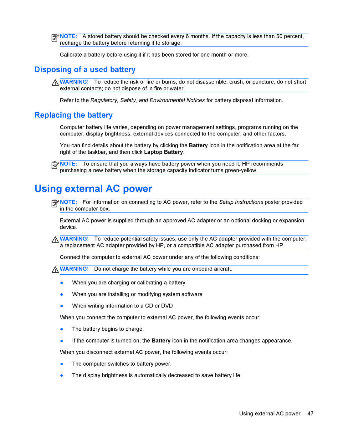 HP 4440s manual Using external AC power, Disposing of a used battery, Replacing the battery 