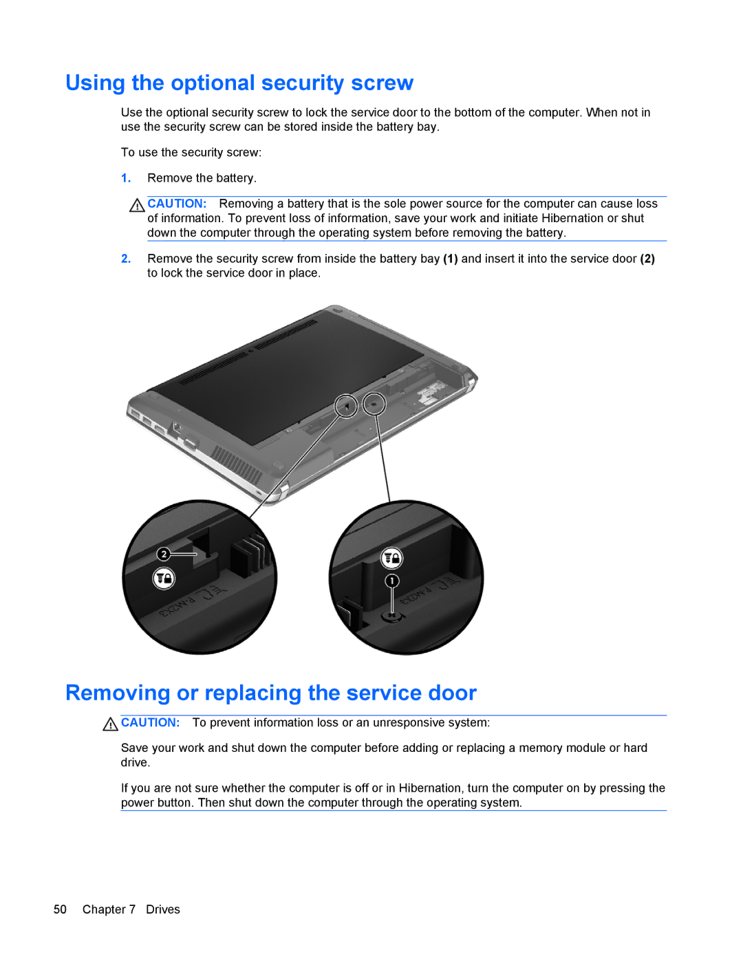 HP 4440s manual Using the optional security screw, Removing or replacing the service door 