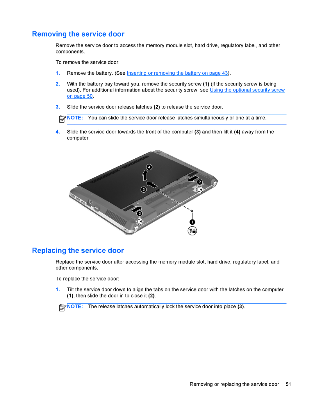 HP 4440s manual Removing the service door, Replacing the service door 