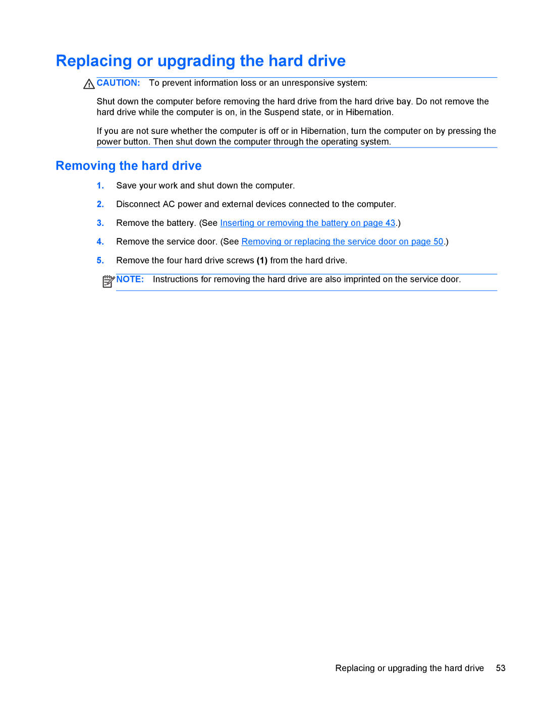 HP 4440s manual Replacing or upgrading the hard drive, Removing the hard drive 