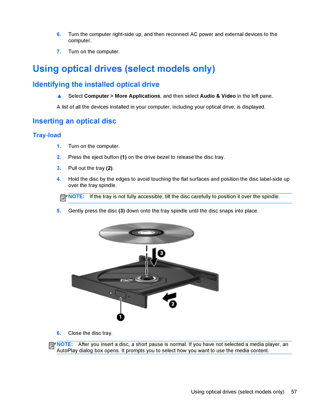 HP 4440s manual Using optical drives select models only, Identifying the installed optical drive, Inserting an optical disc 