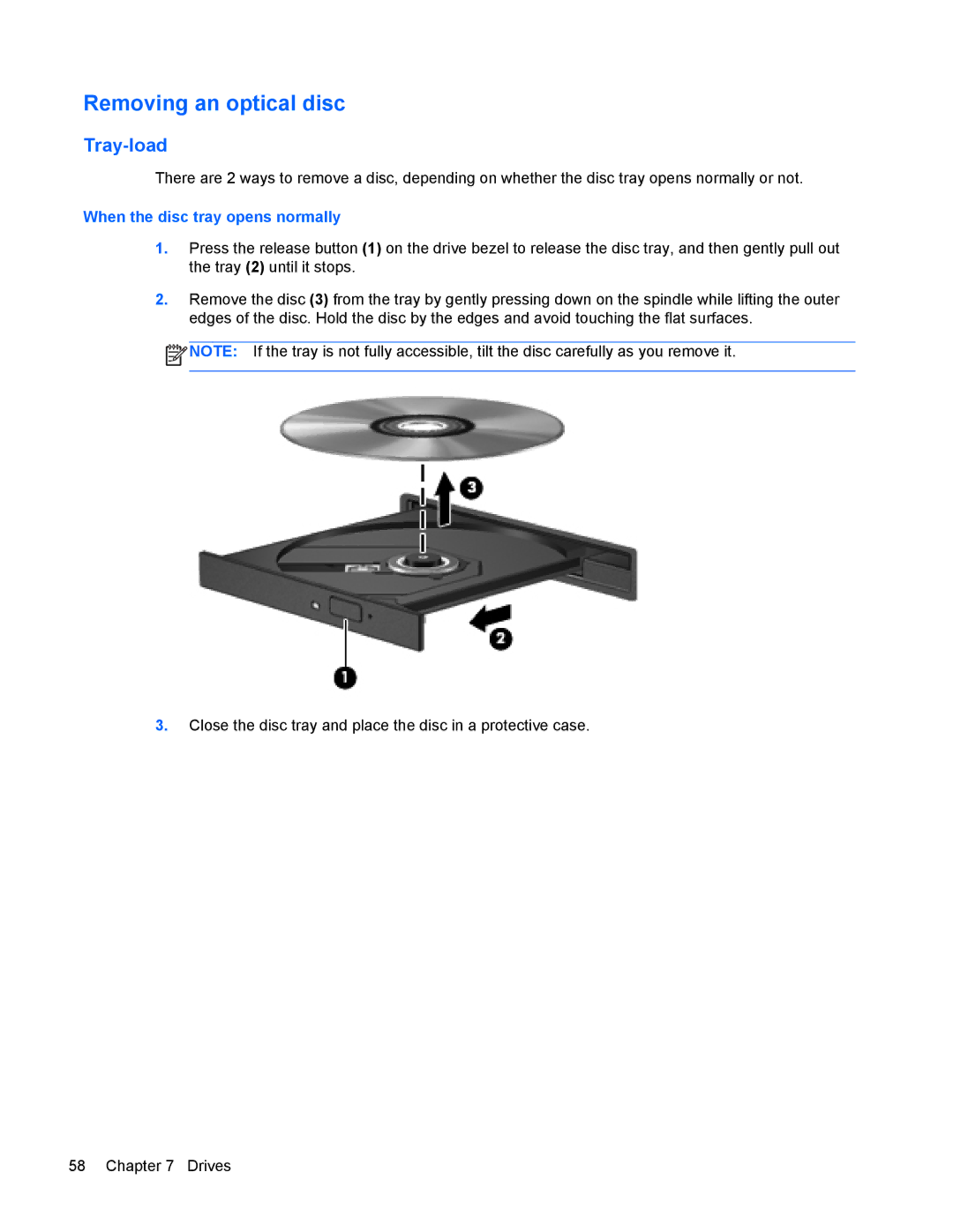 HP 4440s manual Removing an optical disc, When the disc tray opens normally 