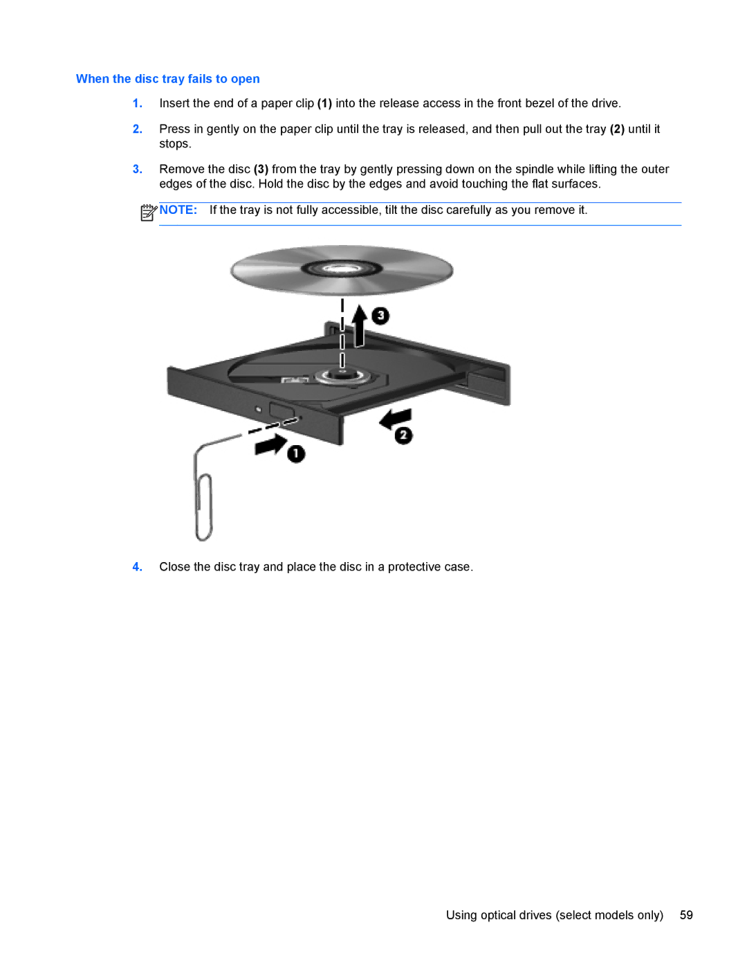 HP 4440s manual When the disc tray fails to open 