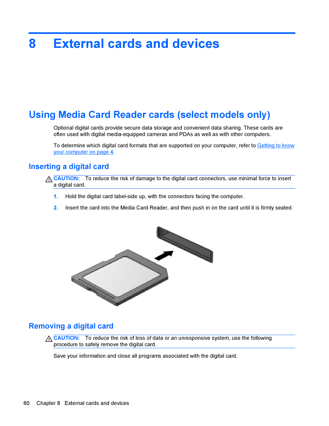 HP 4440s manual External cards and devices, Using Media Card Reader cards select models only, Inserting a digital card 