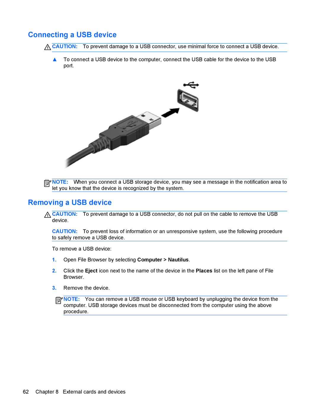 HP 4440s manual Connecting a USB device, Removing a USB device 