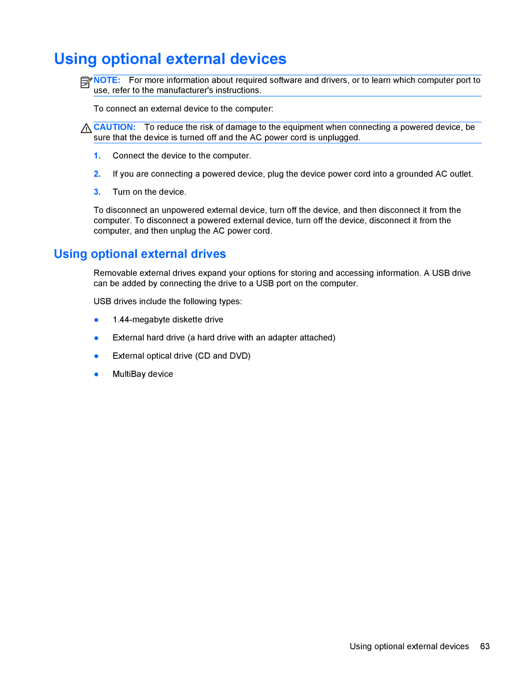 HP 4440s manual Using optional external devices, Using optional external drives 