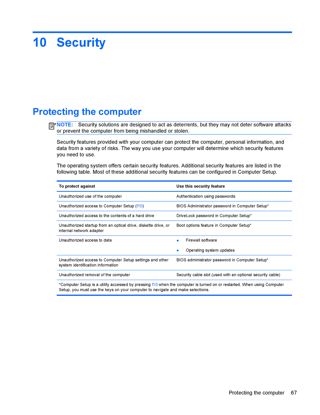 HP 4440s manual Security, Protecting the computer 