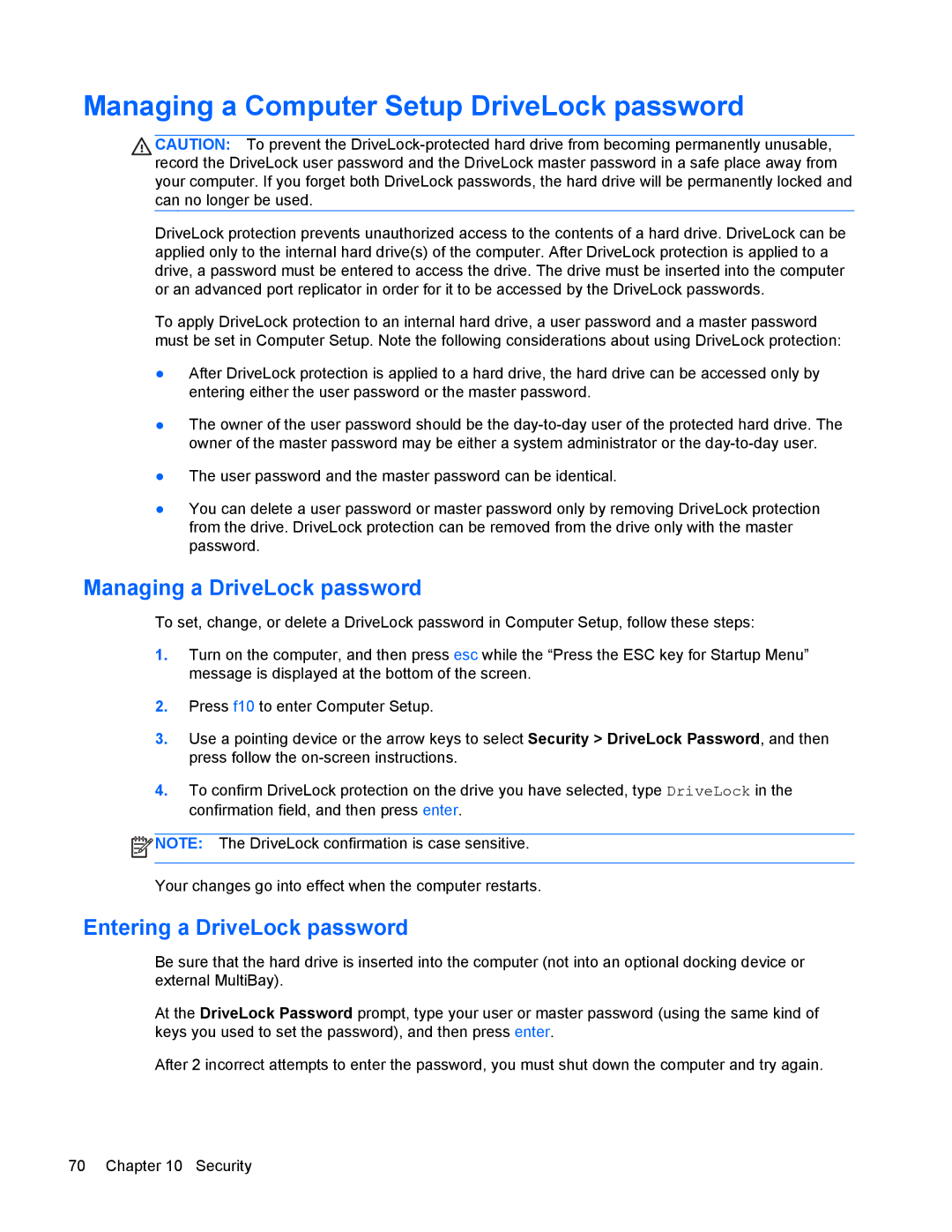 HP 4440s manual Managing a Computer Setup DriveLock password, Managing a DriveLock password, Entering a DriveLock password 