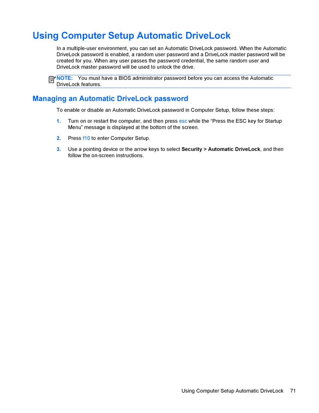 HP 4440s manual Using Computer Setup Automatic DriveLock, Managing an Automatic DriveLock password 