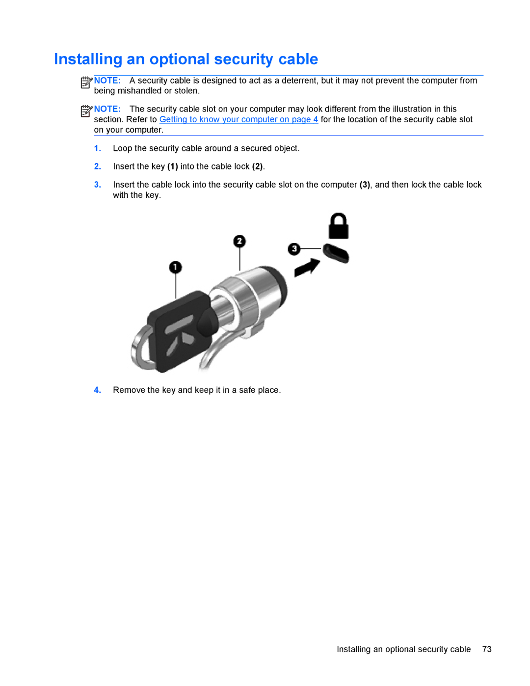 HP 4440s manual Installing an optional security cable 