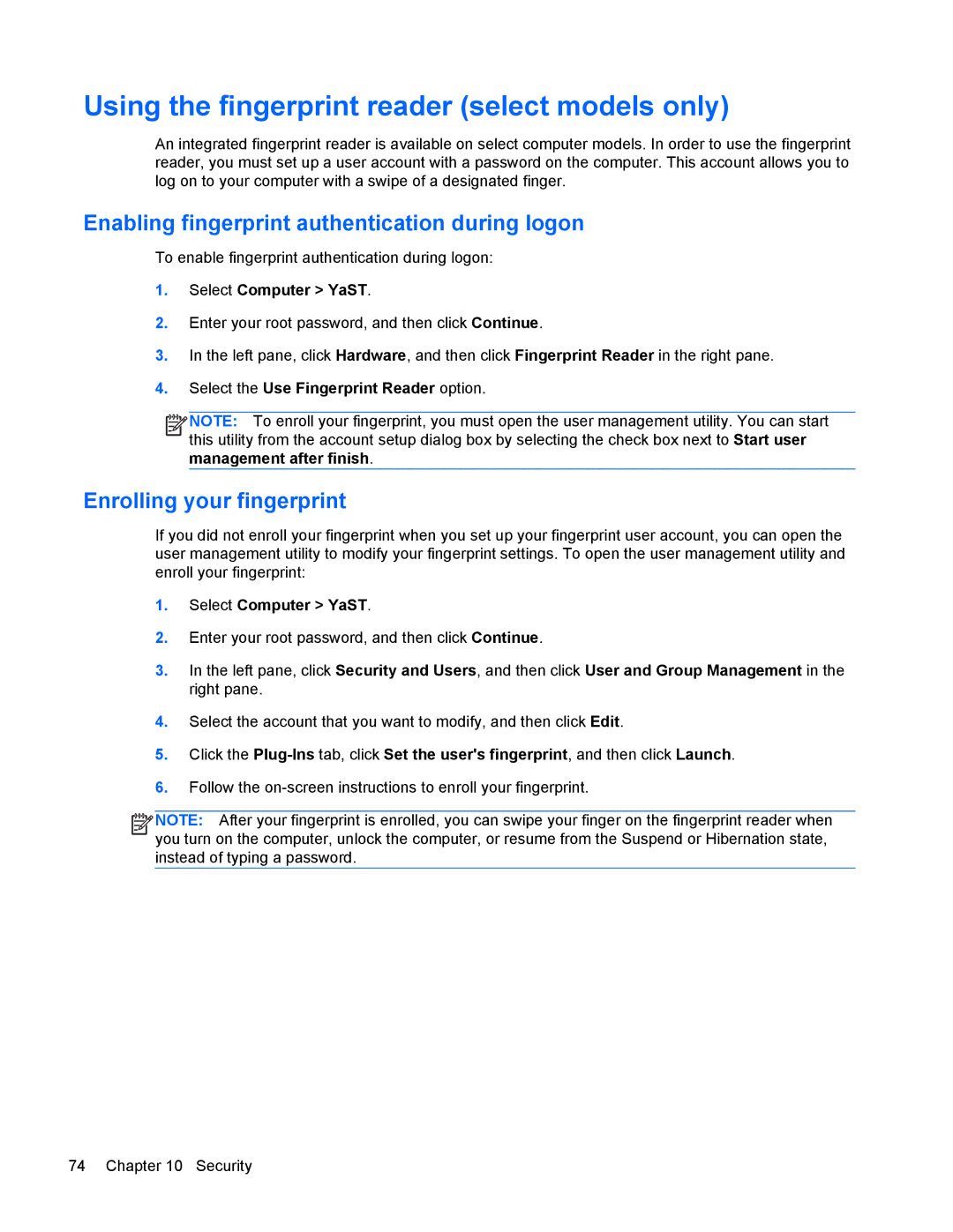 HP 4440s manual Using the fingerprint reader select models only, Enabling fingerprint authentication during logon 