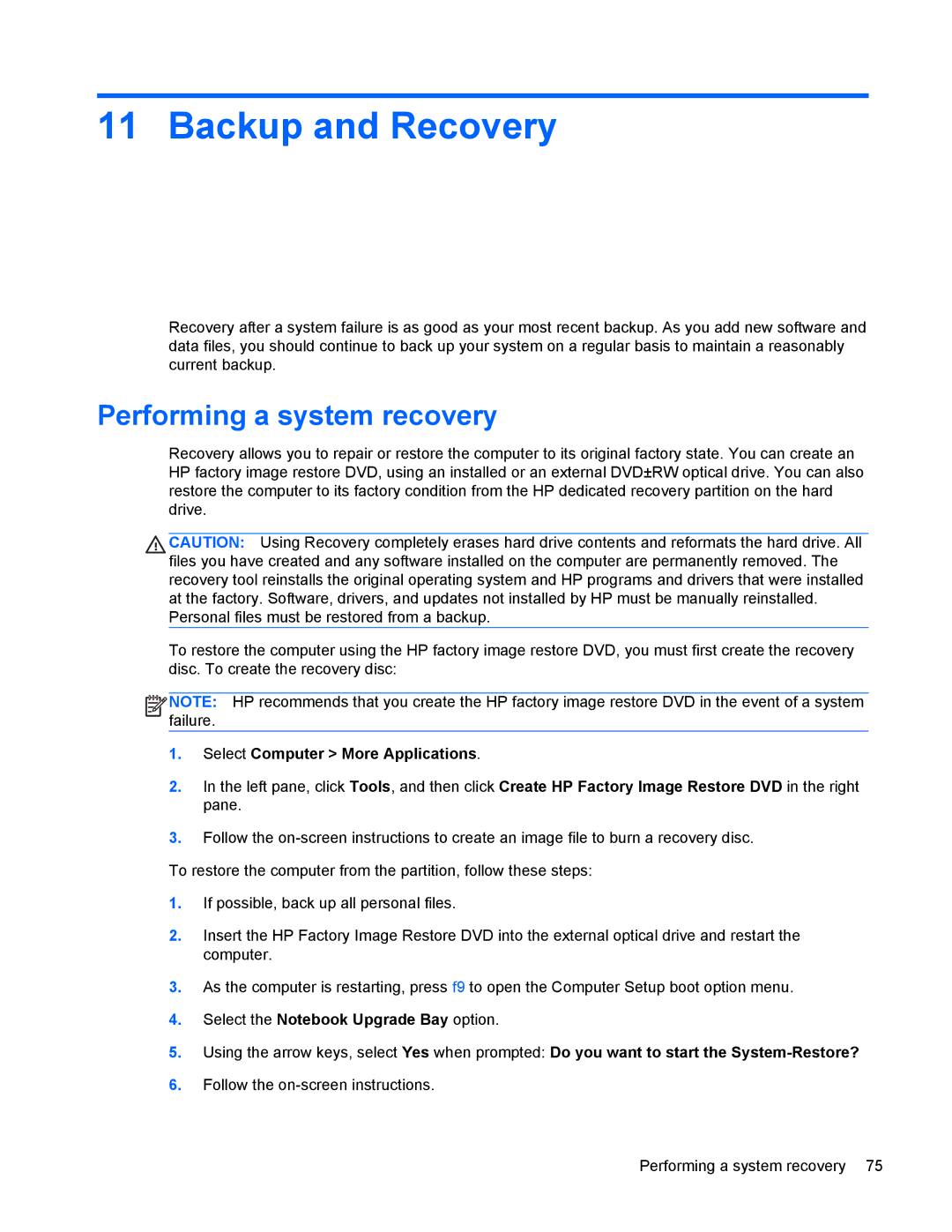 HP 4440s manual Backup and Recovery, Performing a system recovery 