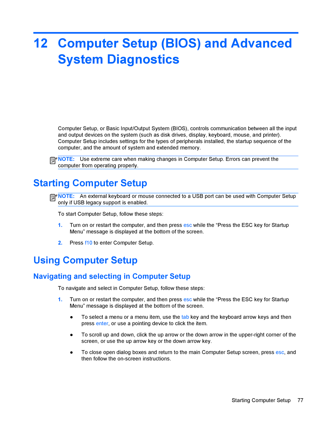 HP 4440s manual Computer Setup Bios and Advanced System Diagnostics, Starting Computer Setup, Using Computer Setup 