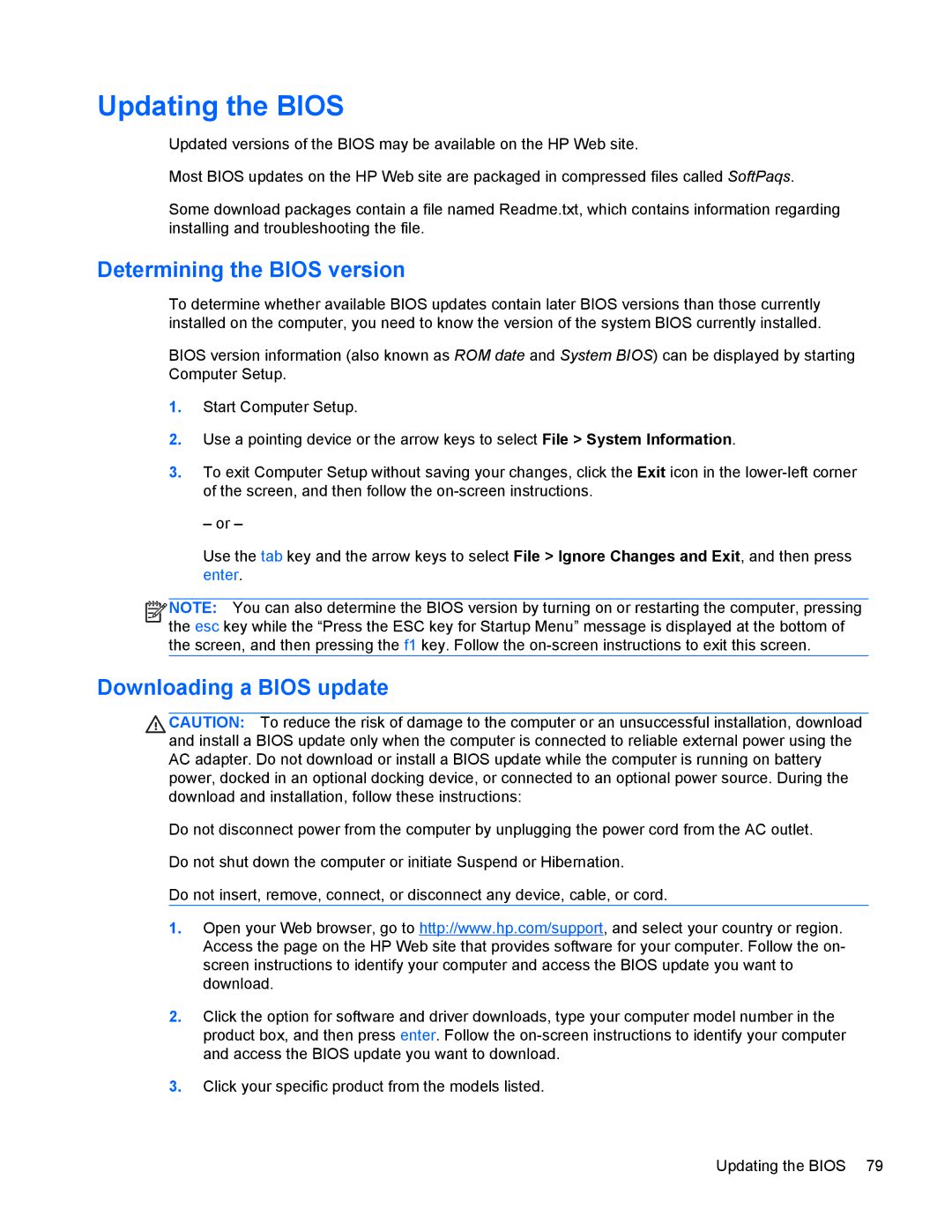 HP 4440s manual Updating the Bios, Determining the Bios version, Downloading a Bios update 