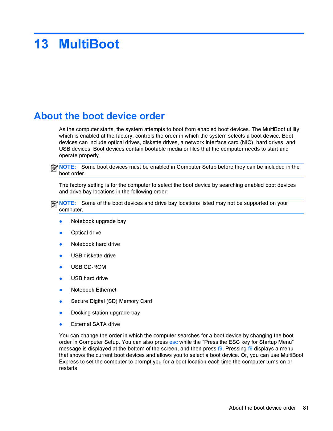 HP 4440s manual MultiBoot, About the boot device order 