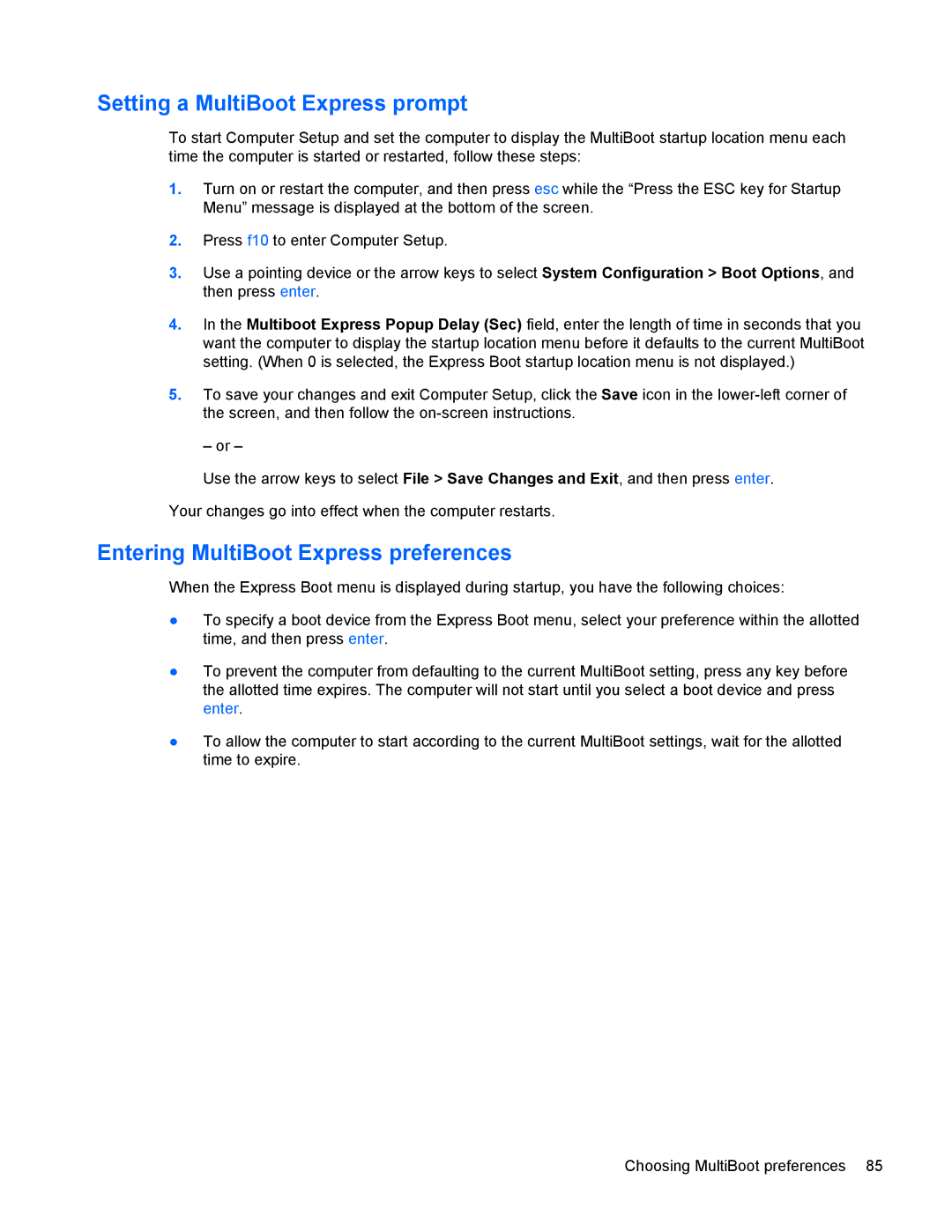 HP 4440s manual Setting a MultiBoot Express prompt, Entering MultiBoot Express preferences 
