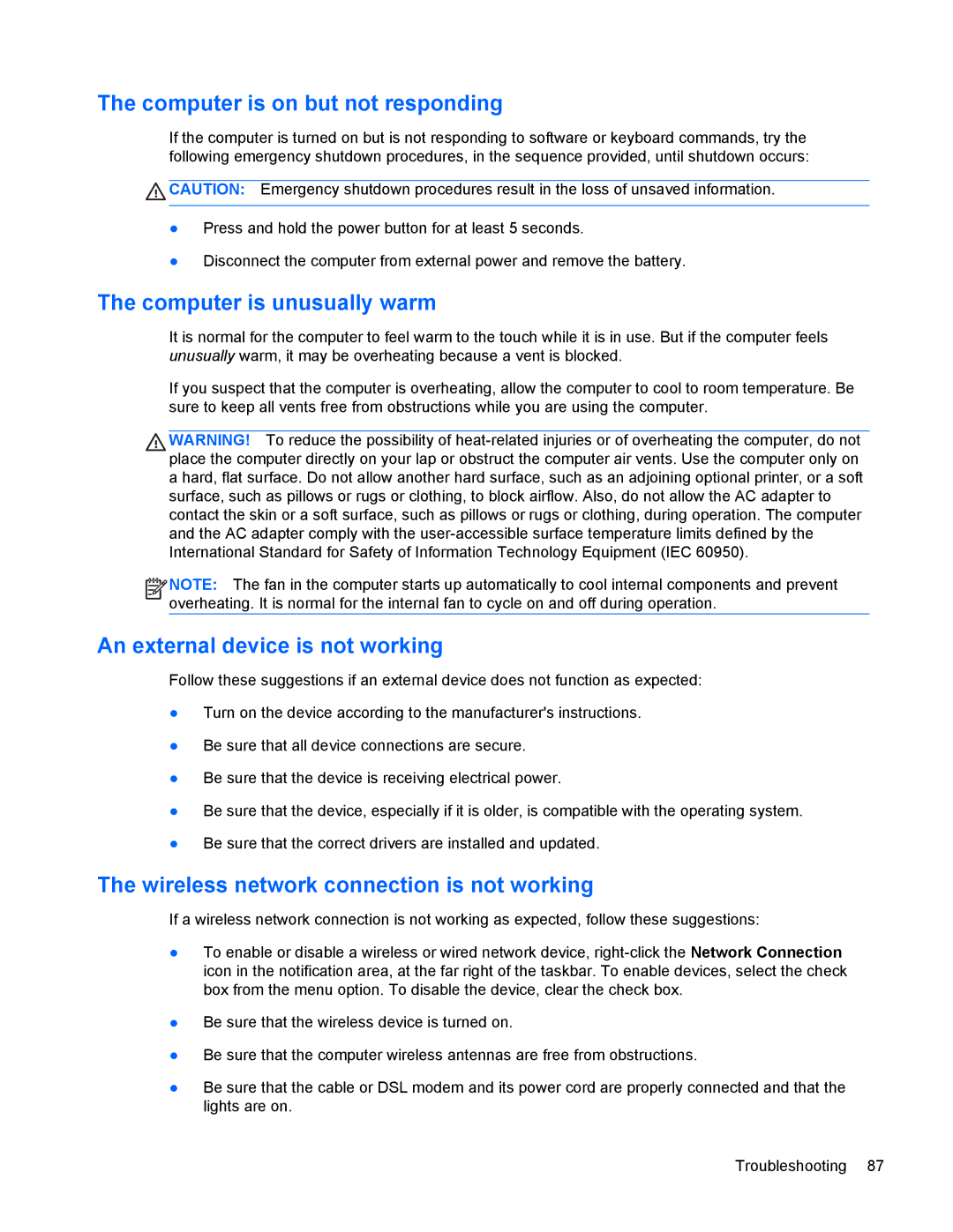 HP 4440s manual Computer is on but not responding, Computer is unusually warm, An external device is not working 