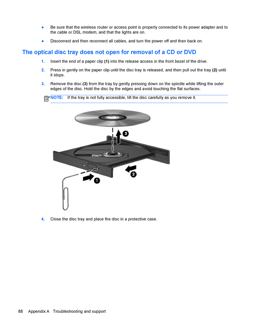 HP 4440s manual Optical disc tray does not open for removal of a CD or DVD 