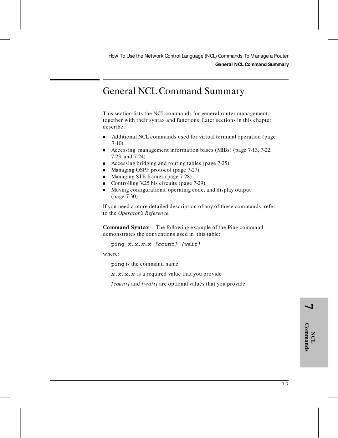 HP 445 manual General NCL Command Summary, Ping x.x.x.x count wait 