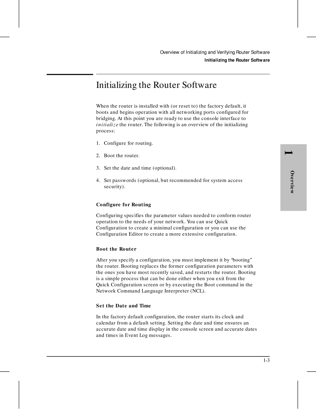 HP 445 manual Initializing the Router Software, Configure for Routing, Boot the Router, Set the Date and Time, Overview 