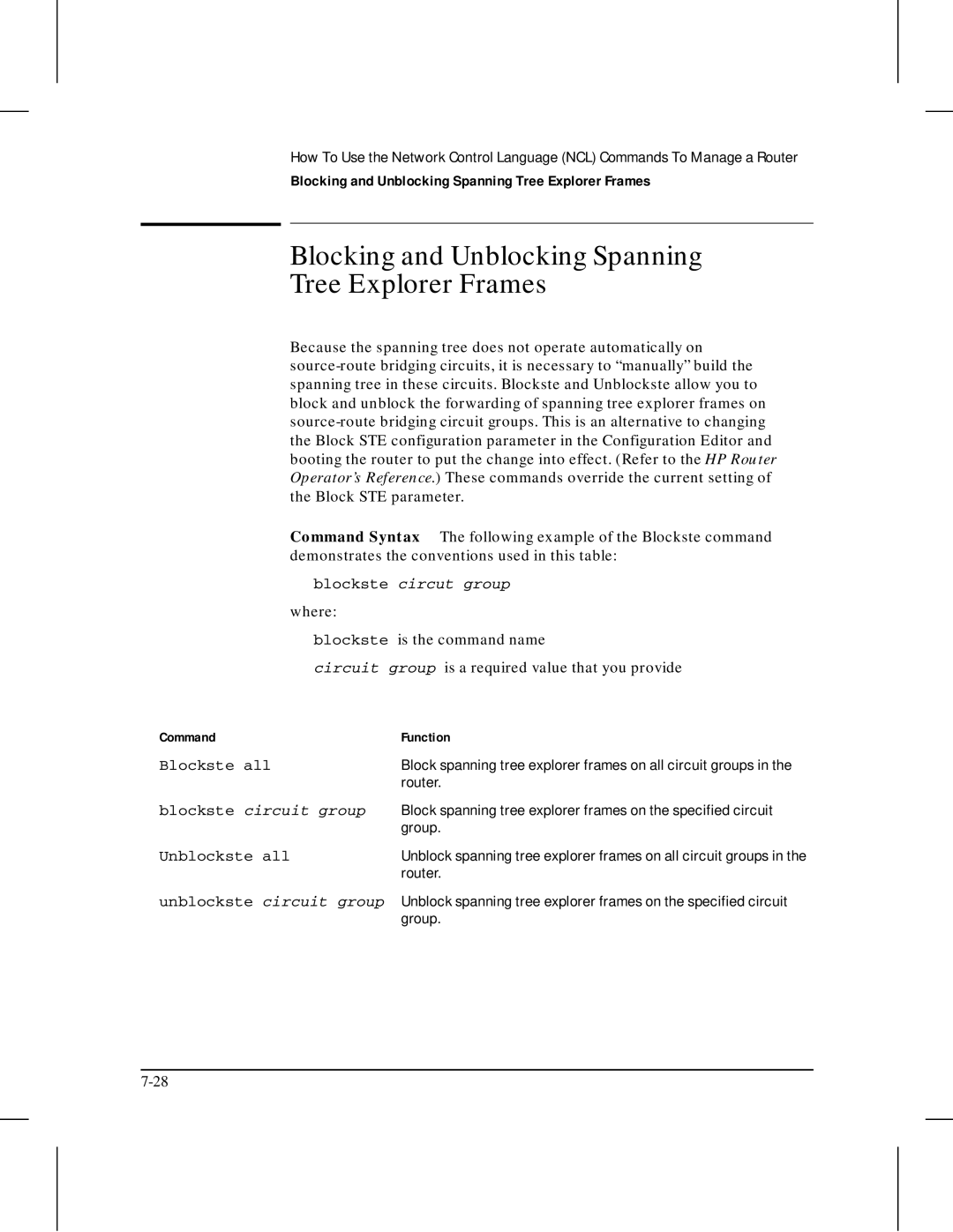 HP 445 manual Blocking and Unblocking Spanning Tree Explorer Frames, Blockste circut group where, Blockste circuit group 