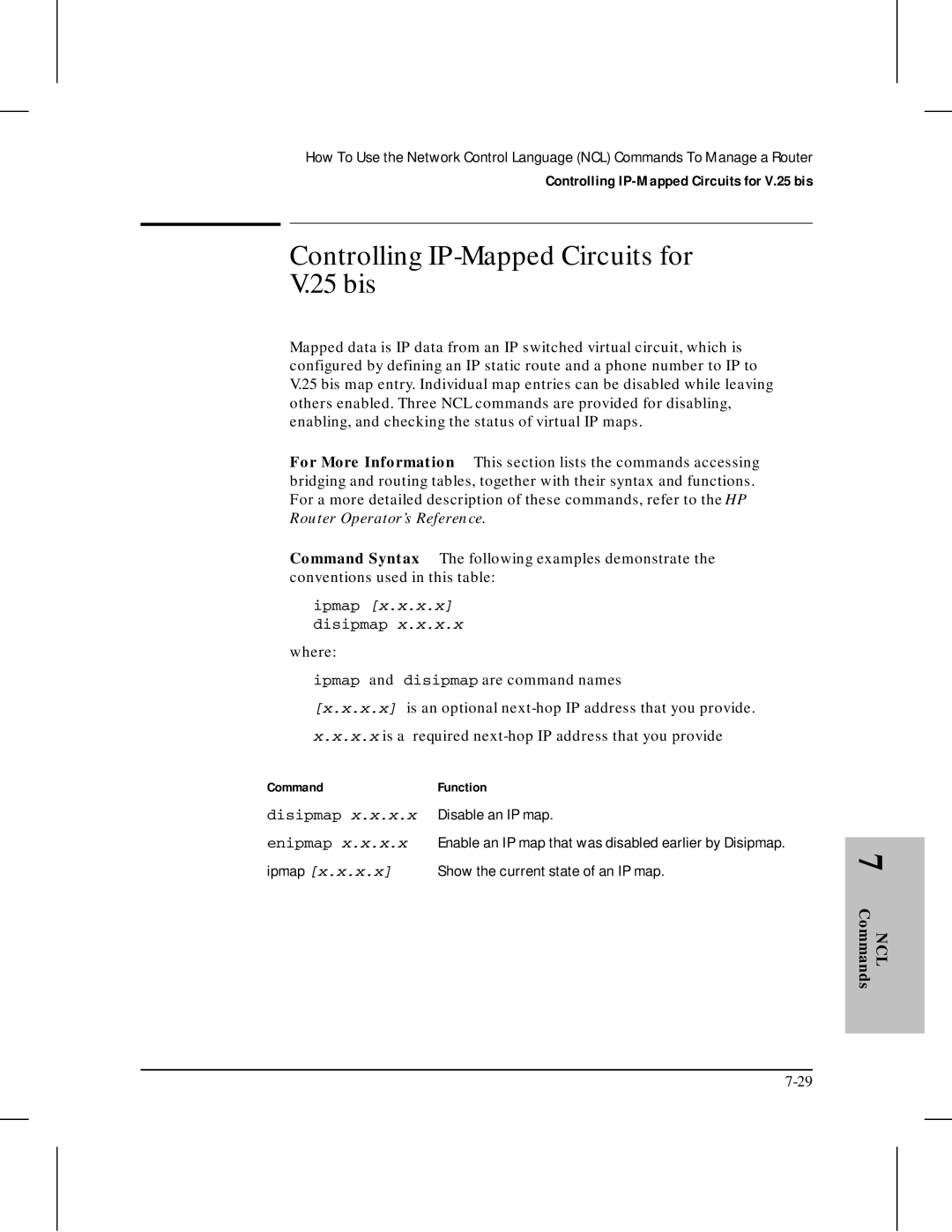 HP 445 manual Controlling IP-Mapped Circuits for 25 bis, Ipmap x.x.x.x disipmap, NCL Commands 