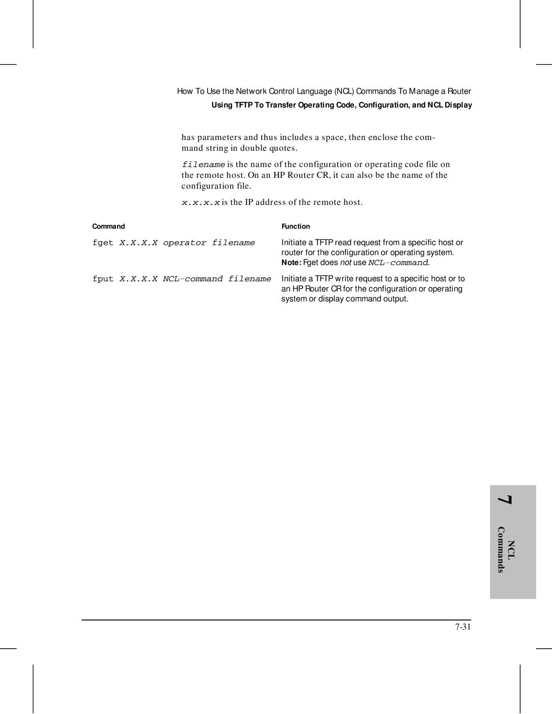 HP 445 manual Fget X.X.X.X operator filename, NCL 7 Commands 