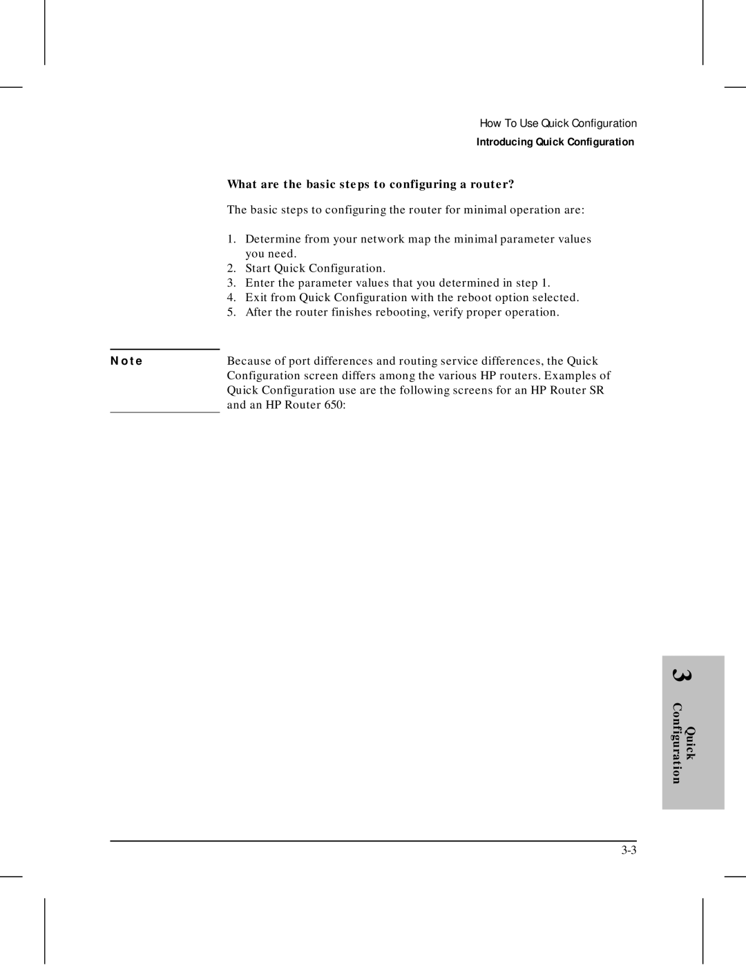 HP 445 manual What are the basic steps to configuring a router?, Configuration Quick 