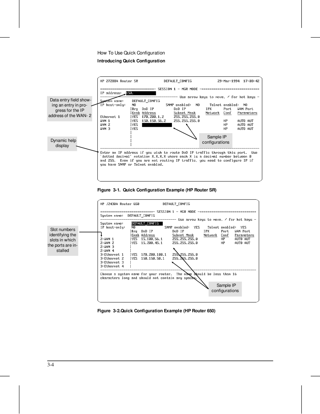 HP 445 manual Quick Configuration Example HP Router SR 