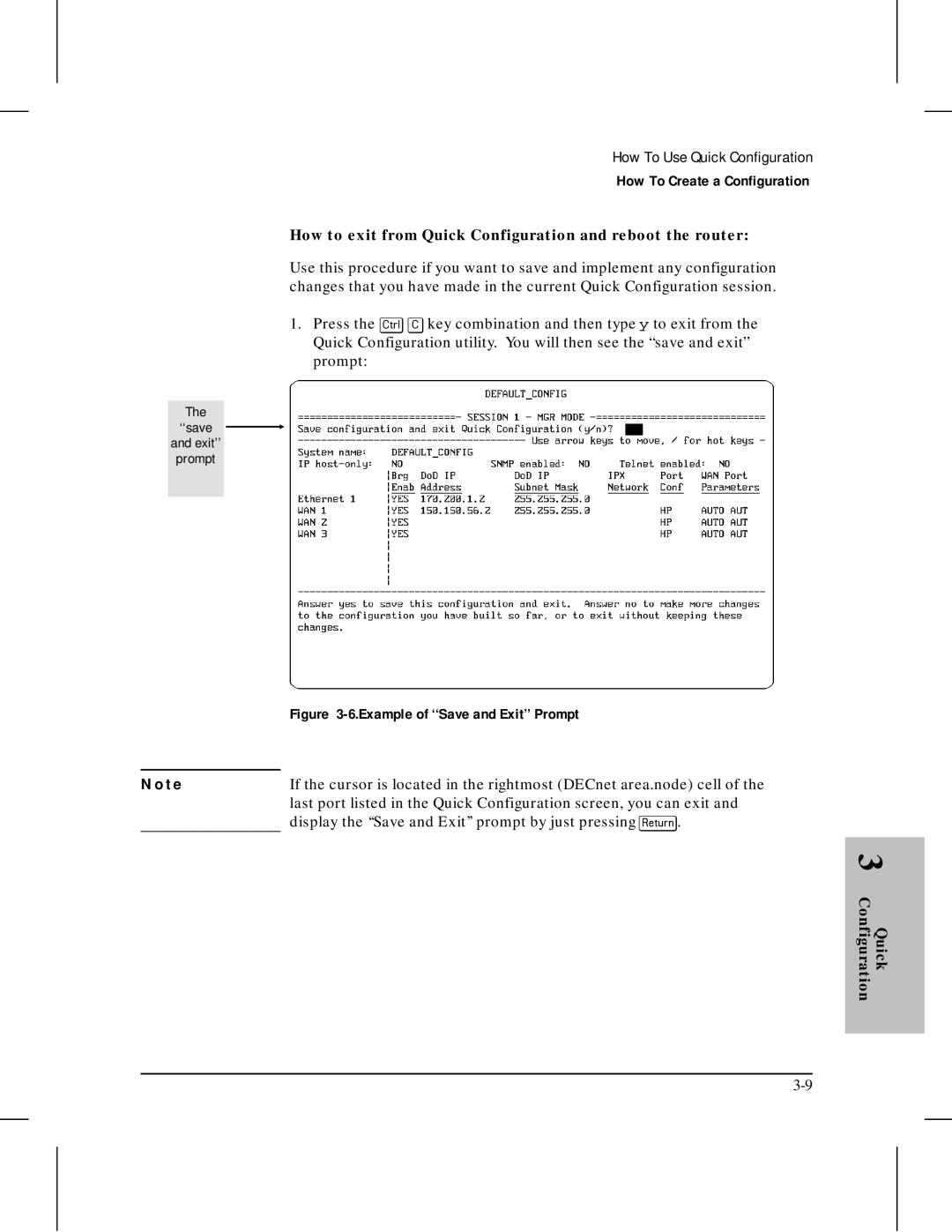 HP 445 manual How to exit from Quick Configuration and reboot the router, Example of ‘‘Save and Exit’’ Prompt 