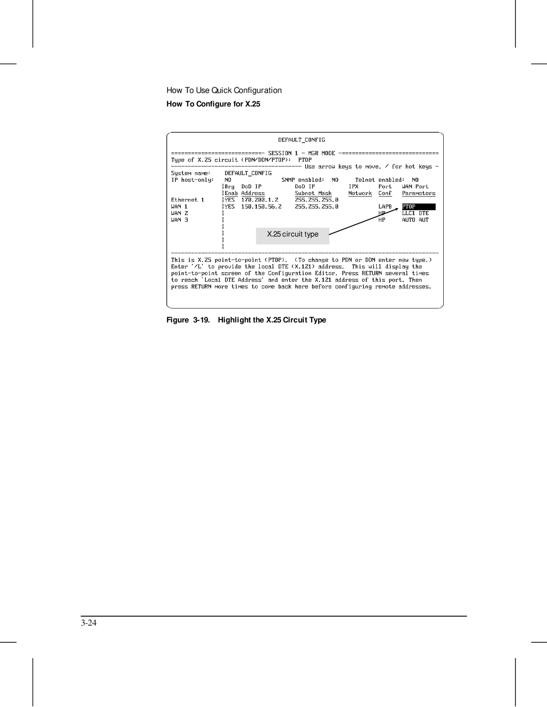 HP 445 manual Highlight the X.25 Circuit Type 