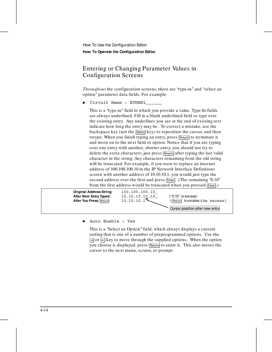 HP 445 manual Entering or Changing Parameter Values Configuration Screens, Circuit Name ETHER1, Auto Enable Yes 