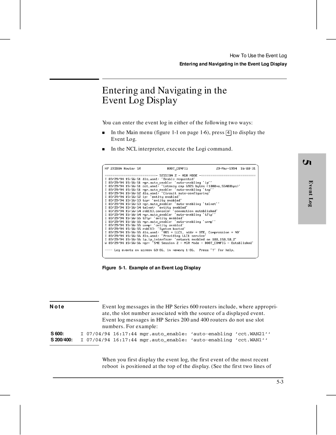 HP 445 manual Entering and Navigating Event Log Display 