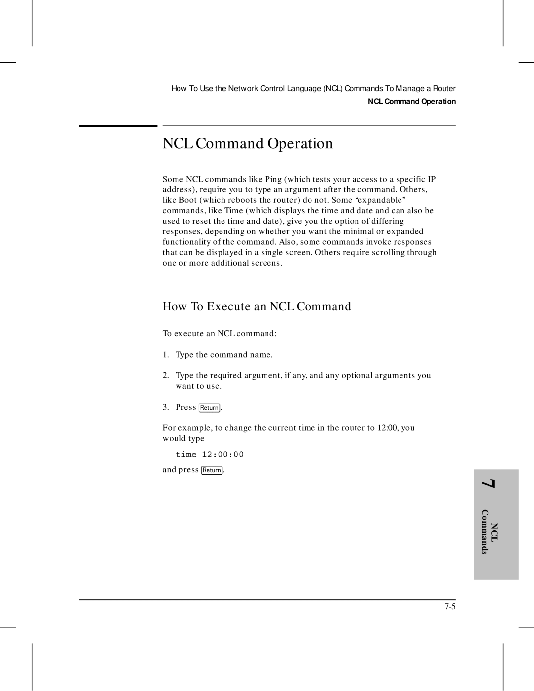 HP 445 manual NCL Command Operation, How To Execute an NCL Command, Press Return, Time 