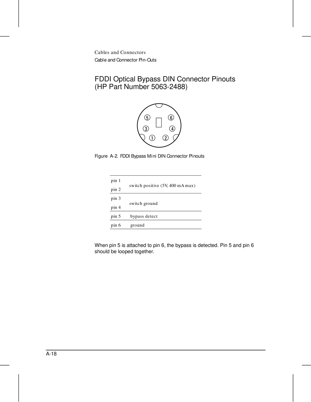 HP 445 manual Fddi Optical Bypass DIN Connector Pinouts HP Part Number, Figure A-2. Fddi Bypass Mini DIN Connector Pinouts 