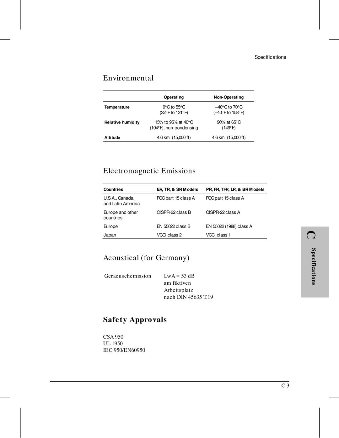 HP 445 manual Environmental, Electromagnetic Emissions, Acoustical for Germany, Specifications 