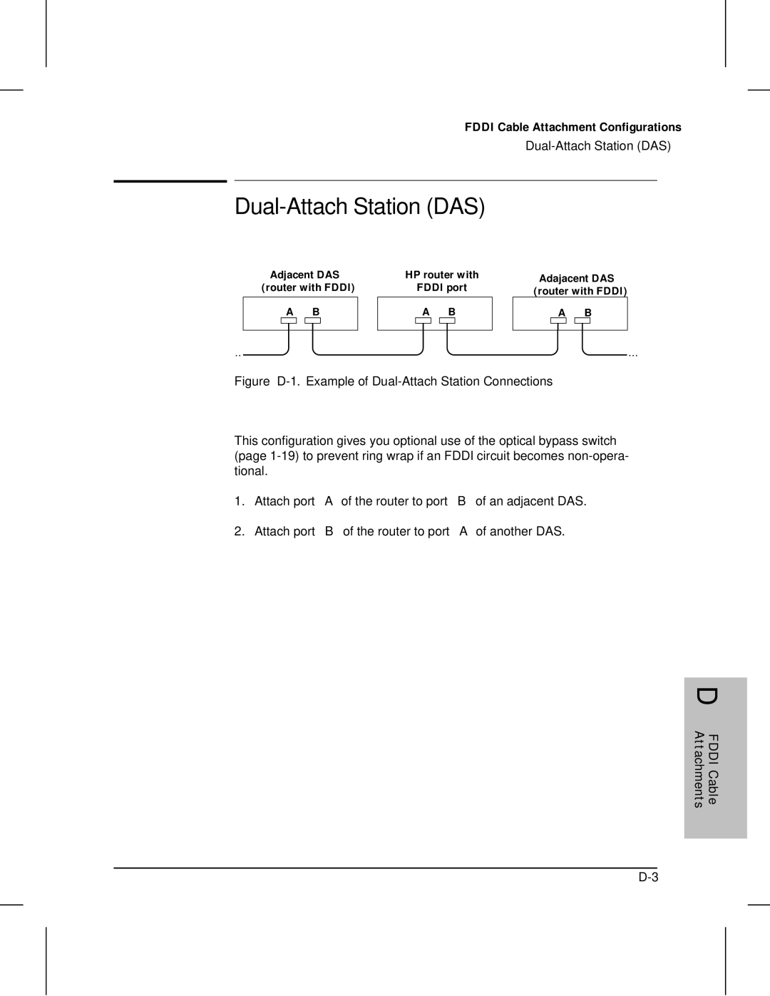 HP 445 manual Dual-Attach Station DAS, Figure D-1. Example of Dual-Attach Station Connections 