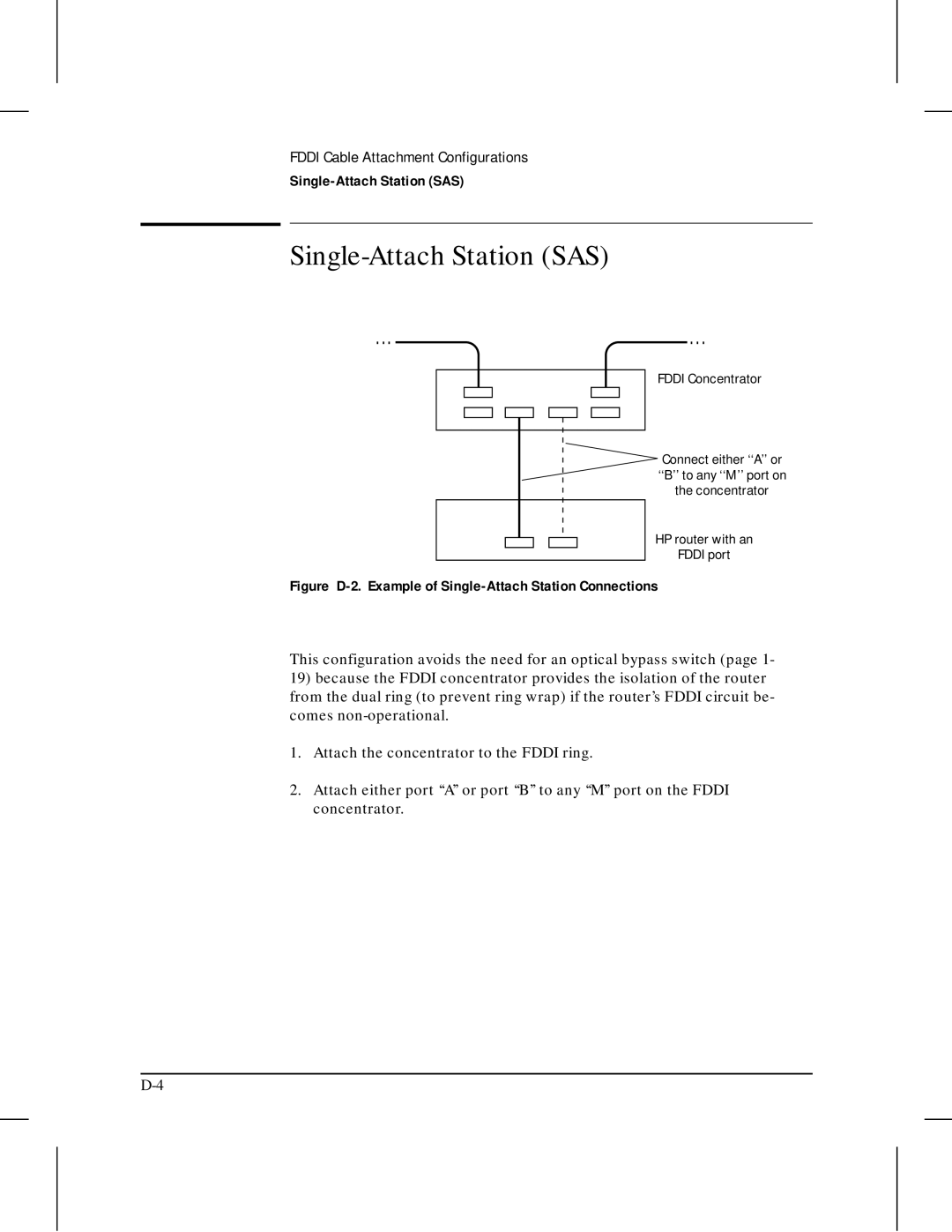 HP 445 manual Single-Attach Station SAS, Figure D-2. Example of Single-Attach Station Connections 