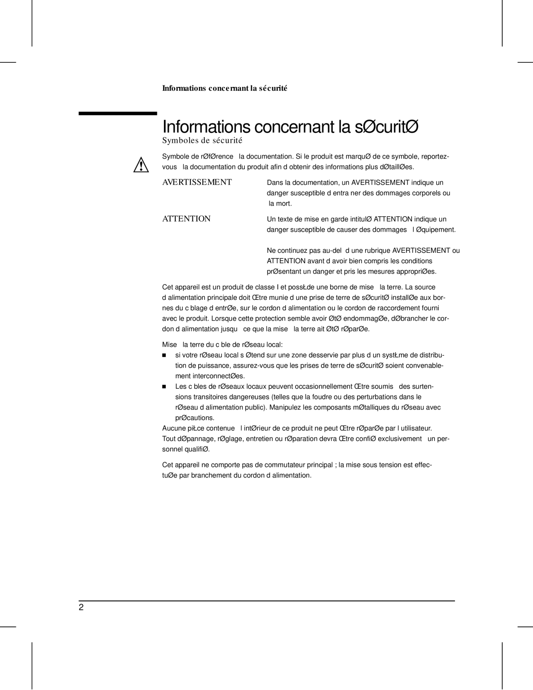 HP 445 manual Informations concernant la sécurité, Symboles de sécurité 