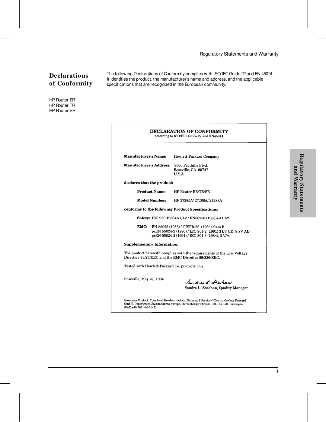 HP 445 manual Declarations of Conformity, Warranty Regulatory Statements 