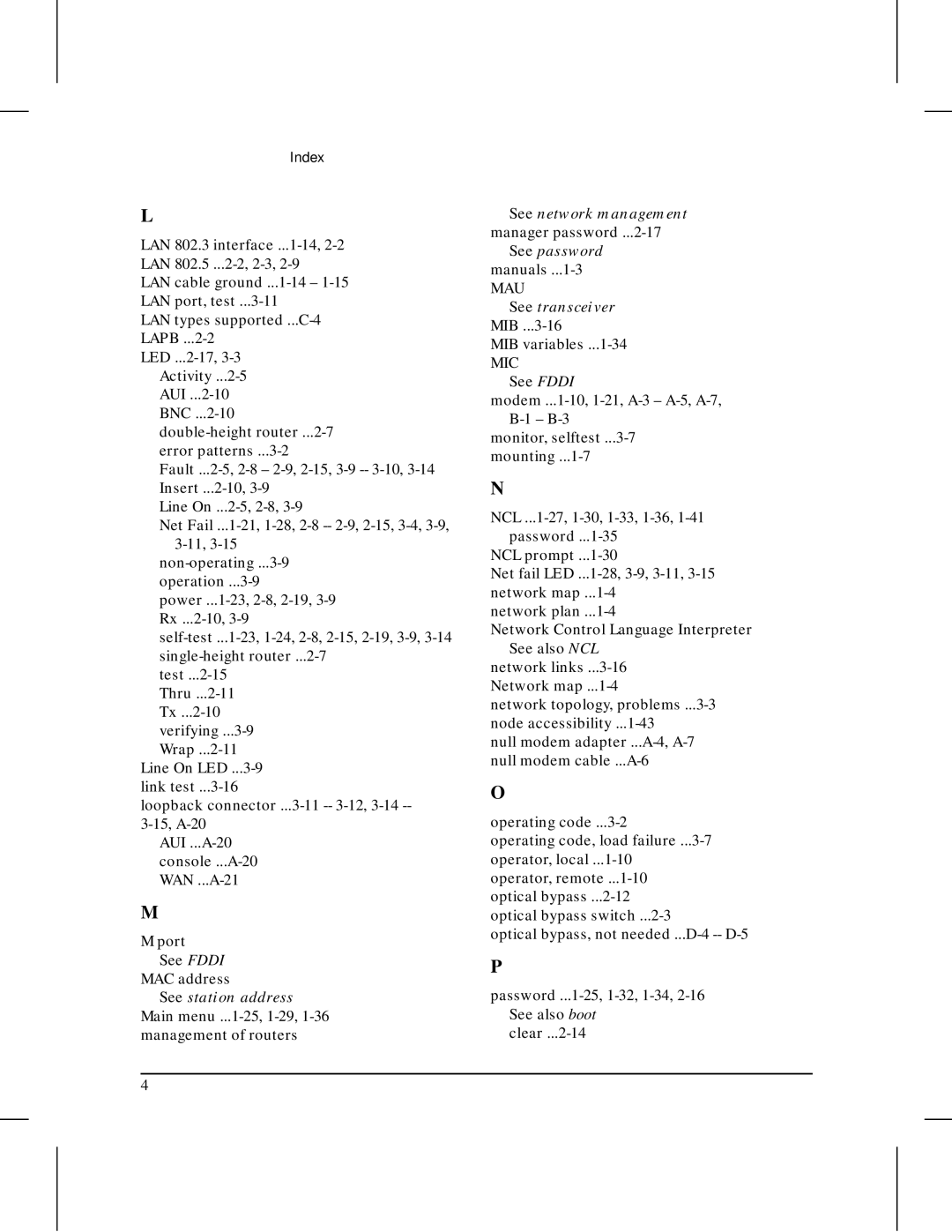 HP 445 manual MIB variables, See Fddi Modem ...1-10, 1-21, A-3 A-5, A-7, B-1 B-3 