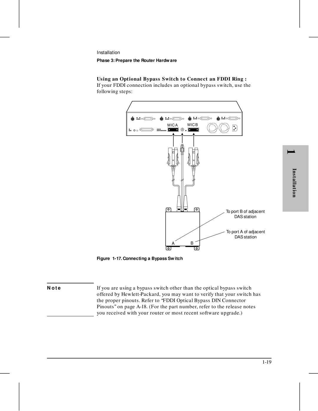 HP 445 manual Using an Optional Bypass Switch to Connect an Fddi Ring, Installation 