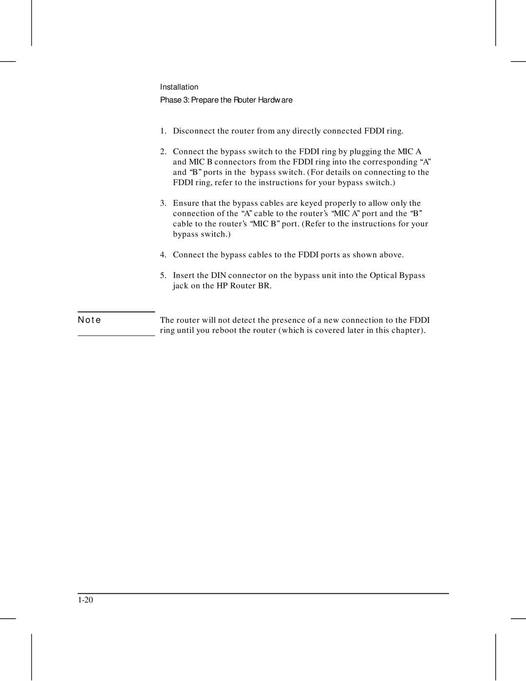 HP 445 manual Disconnect the router from any directly connected Fddi ring, Bypass switch, Jack on the HP Router BR 