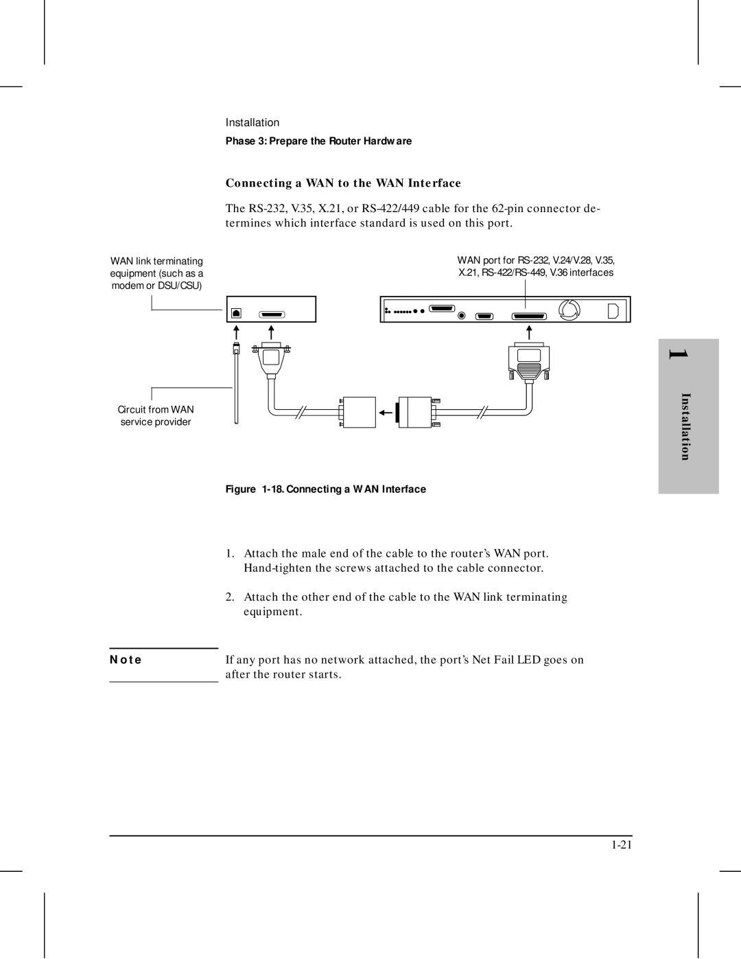 HP 445 manual Connecting a WAN to the WAN Interface, Attach the male end of the cable to the router’s WAN port, Equipment 