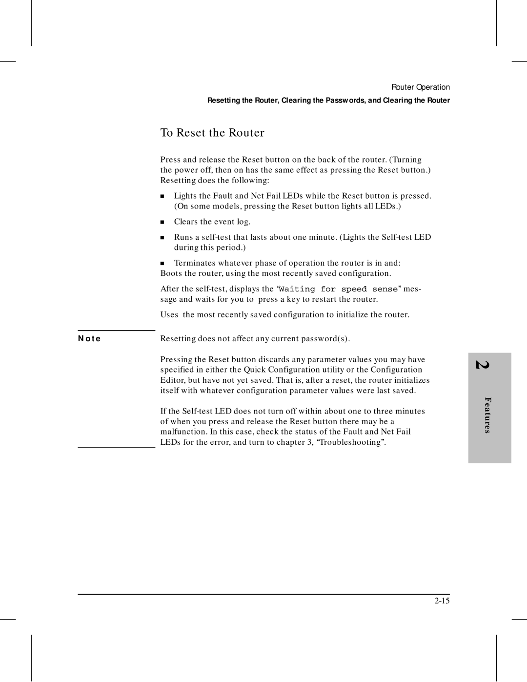 HP 445 manual To Reset the Router, Resetting does not affect any current passwords 