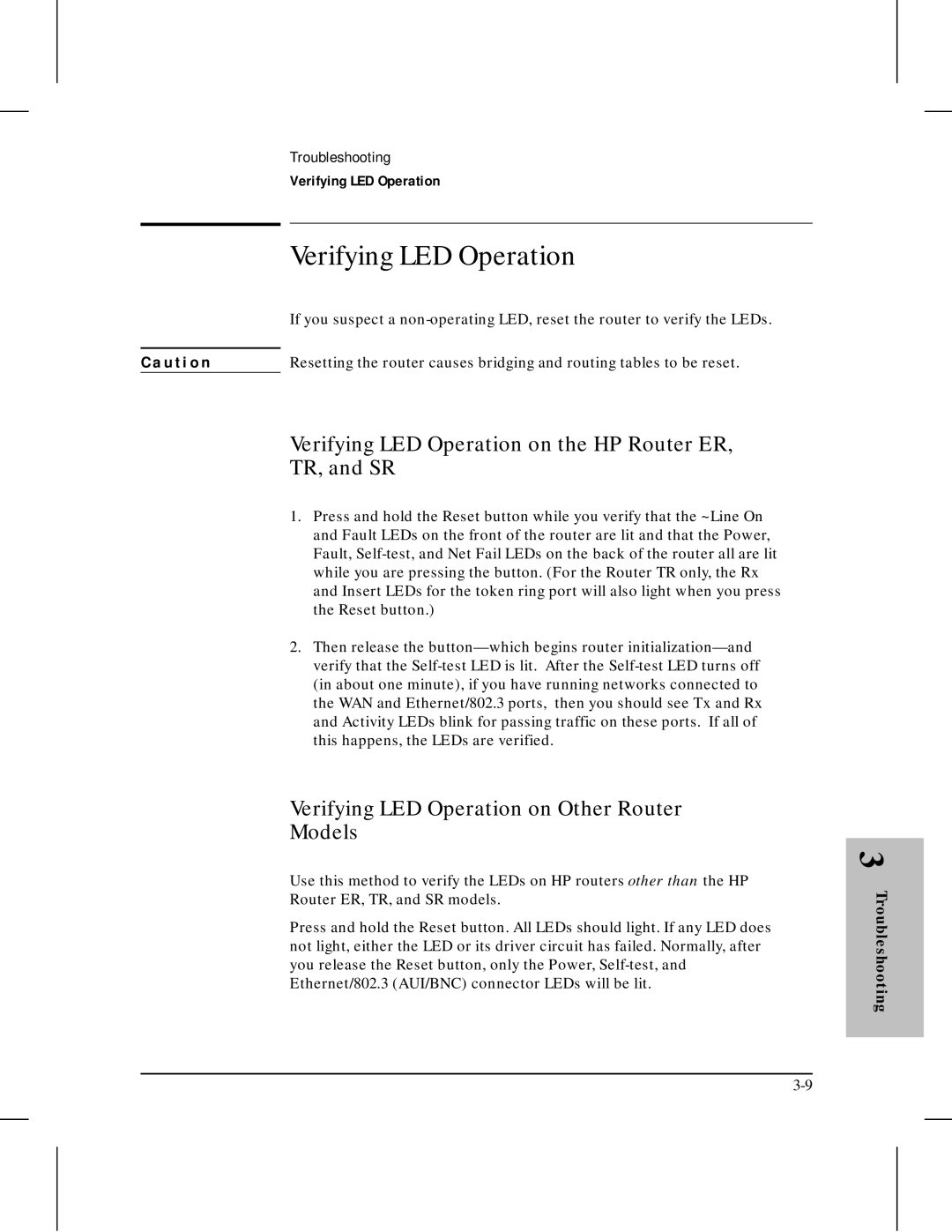 HP 445 manual Verifying LED Operation on the HP Router ER, TR, and SR, Verifying LED Operation on Other Router Models 